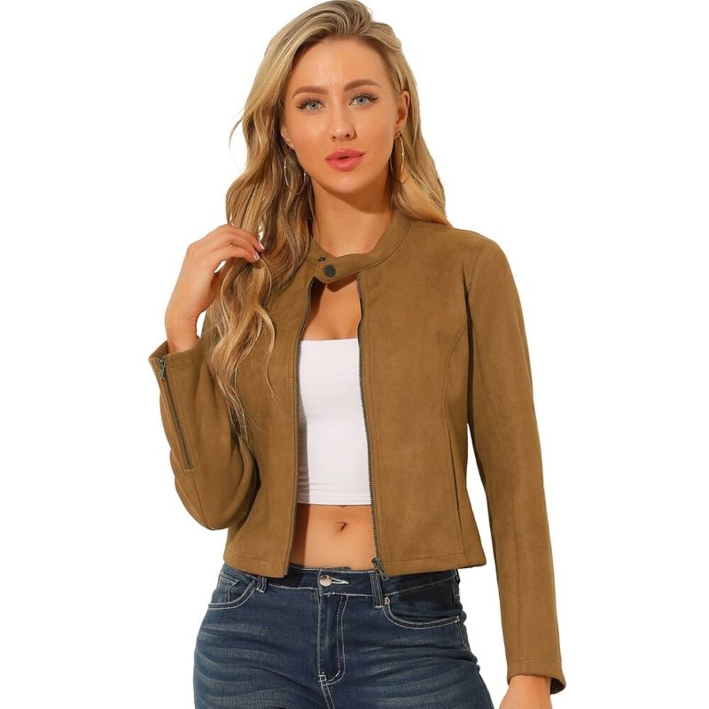 Women's Faux Suede Jacket Stand Collar Zip Up Long Sleeve Motor Biker Coat Brown